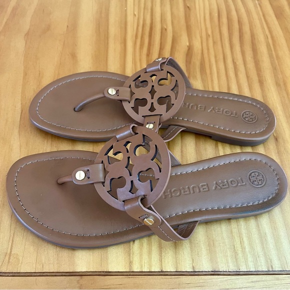 AUTHENTIC TORY BURCH TAN LEATHER MILLER SANDALS - Picture 5 of 15